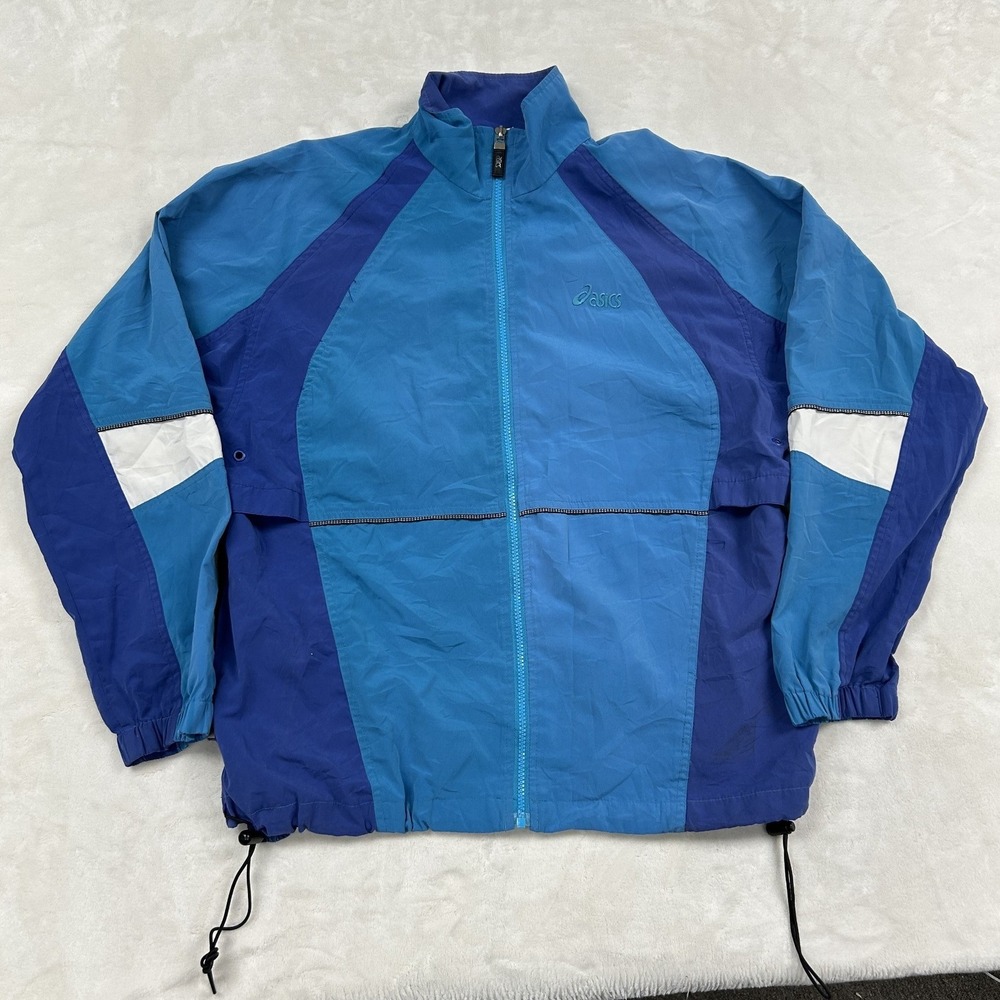 Asics Windbreaker Jacket Womens Large Blue Colorblock Full Zip WT823 Vintage